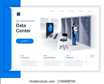 Data center isometric landing page. IT engineer servicing server equipment at data center situation. Hosting platform hardware and software, data storage and administration perspective flat design.