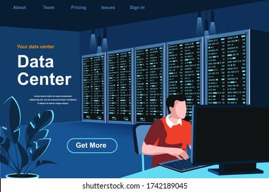 Data center isometric landing page. Technician working in server room at data center website template. Hosting platform management, data storage and administration perspective flat vector illustration