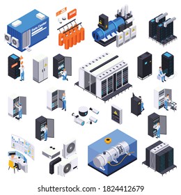 Data Center Isometric Set Of Isolated Icons And Images Of Servers With Power Units And Conditioners Vector Illustration