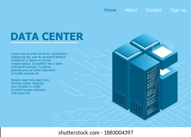 Data center landing page. Isometric Data center. Isometric servers vector design. Computer storage or farming workstation. Vector illustration