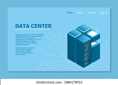 Data center landing page. Isometric Data center. Isometric servers vector design. Computer storage or farming workstation. Vector illustration
