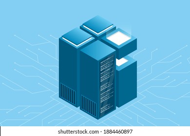 Data center landing page. Isometric Data center. Isometric servers vector design. Computer storage or farming workstation. Vector illustration