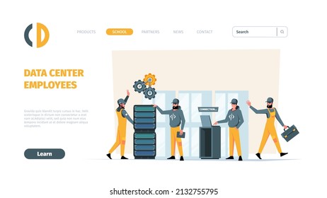 Desembarco del centro de datos. Servidores ingenieros trabajadores reparando servidores web industriales plantilla de página web de garish vector