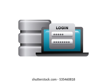 data center and laptop computer with login icon over white background. colorful design. vector illustration