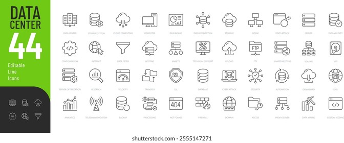 Data Center Line Editable Icons set. Vector illustration in modern thin line style of technology related icons: server, hosting, technical support, and more. Pictograms and infographics.