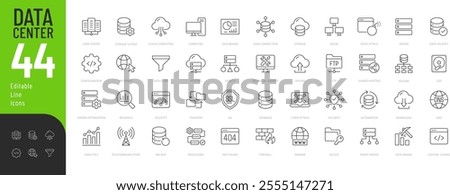 Data Center Line Editable Icons set. Vector illustration in modern thin line style of technology related icons: server, hosting, technical support, and more. Pictograms and infographics.