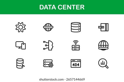 Colección de iconos de línea de centro de datos: Ilustraciones vectoriales únicas, creativas y de alta calidad que representan redes de TI, sistemas de almacenamiento y dispositivos informáticos
