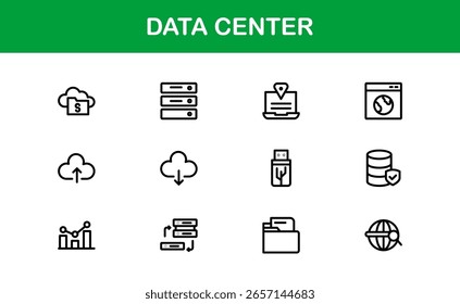 Colección de iconos de línea de centro de datos: Ilustraciones vectoriales únicas, creativas y de alta calidad que representan redes de TI, sistemas de almacenamiento y dispositivos informáticos