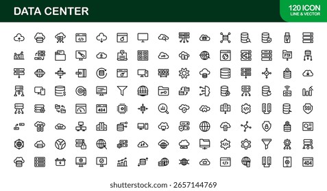 Icon-Sammlung der Rechenzentrumszeile - Einzigartige, kreative und qualitativ hochwertige Vektorgrafiken, die IT-Netzwerke, Speichersysteme und Computergeräte darstellen