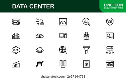 Colección de iconos de línea de centro de datos: Ilustraciones vectoriales únicas, creativas y de alta calidad que representan redes de TI, sistemas de almacenamiento y dispositivos informáticos