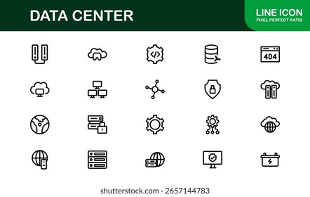 Colección de iconos de línea de centro de datos: Ilustraciones vectoriales únicas, creativas y de alta calidad que representan redes de TI, sistemas de almacenamiento y dispositivos informáticos