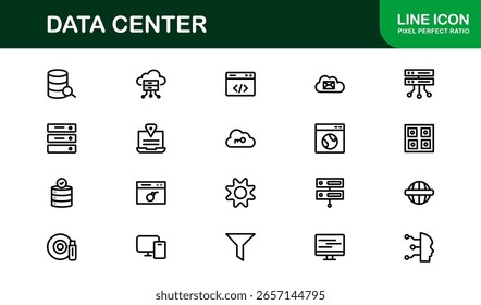 Colección de iconos de línea de centro de datos: Ilustraciones vectoriales únicas, creativas y de alta calidad que representan redes de TI, sistemas de almacenamiento y dispositivos informáticos