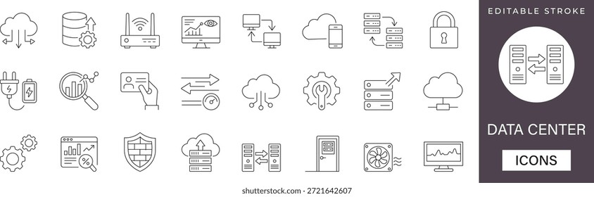 Symbolsatz für die Rechenzentrumszeile mit Serverinfrastruktur, Cloud-Speicher und Netzwerksymbolen. Ideal für IT-Präsentationen, Tech-Blogs und UI-Design. Vollständig editierbarer Vektor