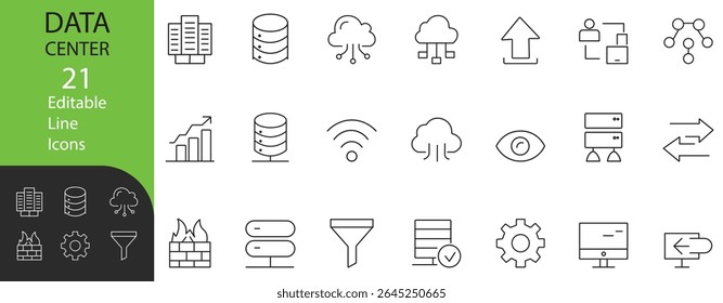 Data Center Line Icons Set — A clean, editable vector collection in modern thin-line style featuring server, hosting, cloud, technical support, and other tech pictograms for infographics.
