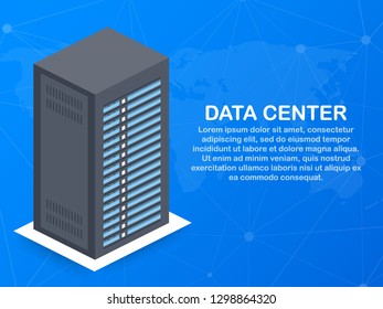 Data center. Mainframe service concept banner, server rack. Server room concept, data bank center. Vector stock illustration.
