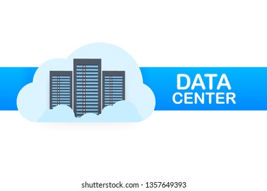 Data center. Mainframe service concept banner, server rack. Server room concept, data bank center. Vector stock illustration.