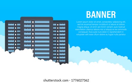 Data center. Mainframe service concept banner, server rack. Server room concept, data bank center. Vector illustration.
