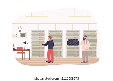 Data center and maintenance staff modern flat concept. Engineers maintain server operation, optimize and administer hardware equipment. Vector illustration with people scene for web banner design