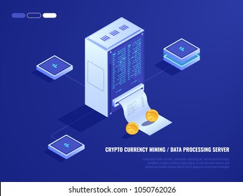Data center, mining crypto currency hardware, server room, coin, computer processing power, database isometric 3d vector Data center, mining crypto currency hardware, server room, coin, computer processing power, database isometric 3d vector