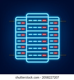 Rechenzentrum. Neonsymbol. Mainframe-Service-Konzept-Banner, Server-Rack. Serverraum. Vektorgrafik