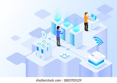 Data center network concept banner. Data center with digital devices.