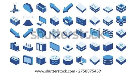 Data Center Network Isometric Icons Set Vector, Server Database Cloud Technology 3D Symbols Collection