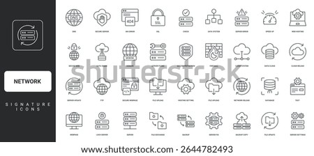 Data center and online network security, DNS and FTP thin black outline symbols vector illustration. Web hosting, server and database settings, domain and firewall, cloud backup line icon set.