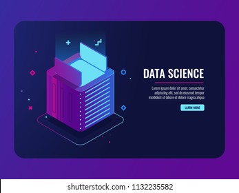 Data center, open box, program and application install concept, module of futuristic devices isometric server room and cloud storage vector illustration, dark ultraviolet neon