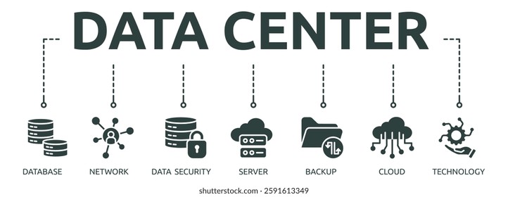 data center outline banner icon of database, network, data security, server, backup, cloud, technology