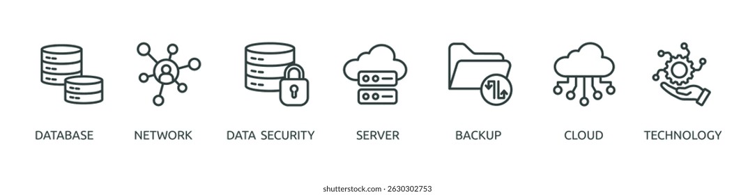 data center outline banner icon of database, network, data security, server, backup, cloud, technology
