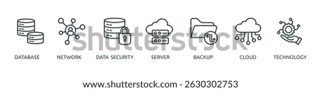data center outline banner icon of database, network, data security, server, backup, cloud, technology
