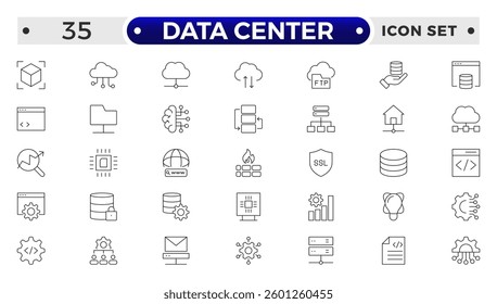 Data Center outline icon set. Data storage, cloud storage data, technology services, server, Data thin line icons.
