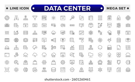 Data Center outline icon set. Data storage, cloud storage data, technology services, server, Data thin line icons.
