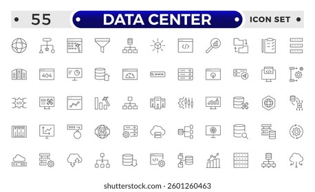 Data Center outline icon set. Data storage, cloud storage data, technology services, server, Data thin line icons.
