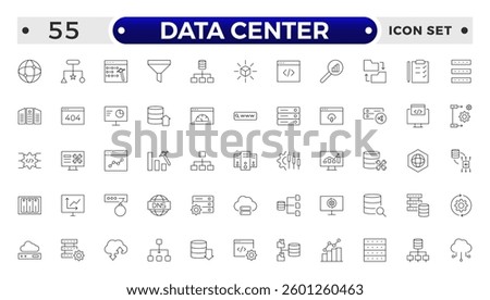 Data Center outline icon set. Data storage, cloud storage data, technology services, server, Data thin line icons.
