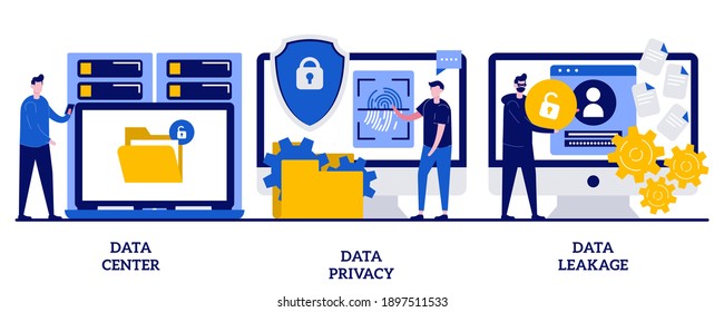 Rechenzentrum, Datenschutz und Leckage-Konzept mit winzigen Menschen. Abstrakter Vektorgrafik-Set zum Schutz der Privatsphäre im Internet. Computersystem, Remote-Speicher, Datenbanknetzwerke, Sicherheitssoftware, Hacker-Metapher.