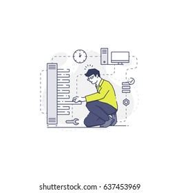 Data Center professional worker sitting on his knee and repairing and fixing problems in server rack. Vector concept of male IT worker in modern flat line style isolated on white background