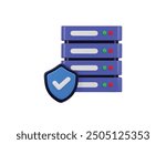 Data center with protect shield icon, server 3D icon. Server, Data, Web Hosting, cloud storage security icon 3d render