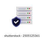 Data center with protect shield icon, server 3D icon. Server, Data, Web Hosting, cloud storage security icon 3d render