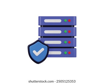 Data center with protect shield icon, server 3D icon. Server, Data, Web Hosting, cloud storage security icon 3d render