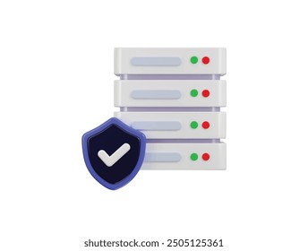 Data center with protect shield icon, server 3D icon. Server, Data, Web Hosting, cloud storage security icon 3d render