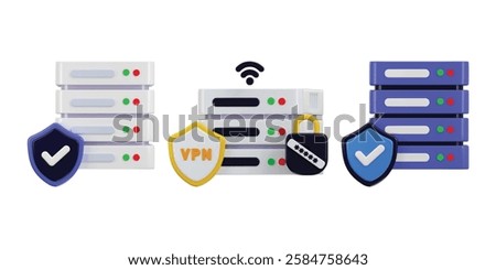 Data center with protect shield icon set, server 3D icon. Server, Data, Web Hosting, cloud storage security icon 3d render