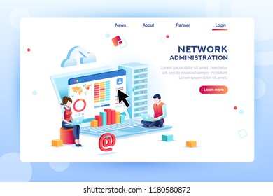 Data center repair information, administrator on network, lan concept. Character monitor and support, admin of website. Banner infographic icons flat isometric emblem flowchart vector illustration.