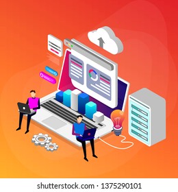 Data center repair information, administrator on network, lan concept. Character monitor and support, admin of website. Banner infographic icons  vector illustration.