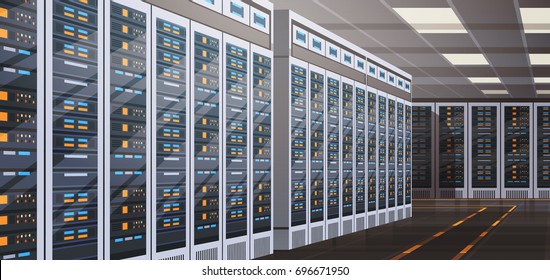 Data Center Room Hosting Server Computer Information Database Synchronize Technology Flat Vector Illustration