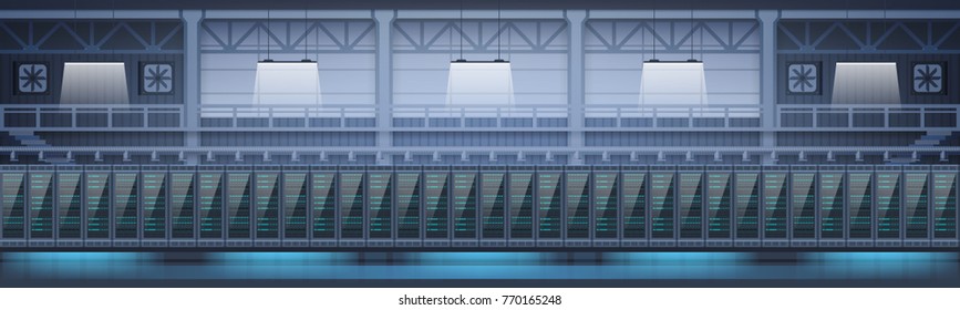 Data Center Room Hosting Server Computer Information Database Synchronize Technology Flat Vector Illustration