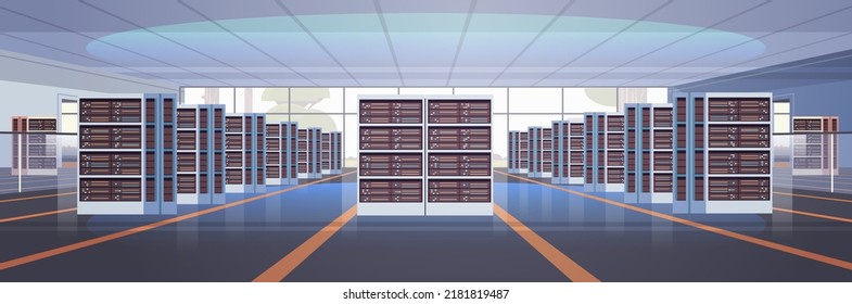 Data Center Room Interior Hosting Server Computer Information Database Synchronize Technology Connection Cyber Network