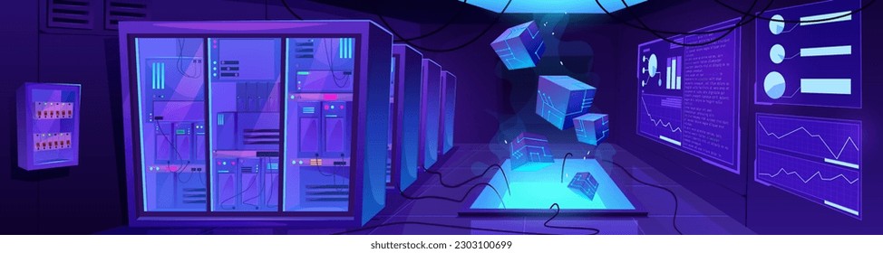 Data center room interior with server equipment. Vector cartoon illustration of office with blockchain hardware, blue neon cubes, analytical diagrams on computer screens. Information processing tech