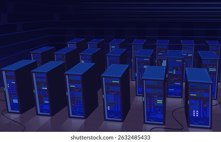 Data center, uma sala com equipamento de servidor para processamento e armazenamento de grandes quantidades de informações. Interior de uma sala técnica de TI ou infraestrutura de engenharia. Ilustração de desenho animado vetorial.