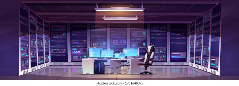 Data Center Room With Server Hardware, Chair And Desk With Computer Monitors. Vector Cartoon Interior Of Information Storage Office With Control Panel, Racks With Hardware For Network